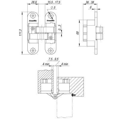 Петля скрытой установки U3D6200R SN правая (Architect 3D-ACH 60) мат. никель 60 кг