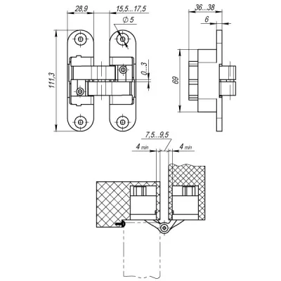 Петля скрытой установки U3D6200L SN левая (Architect 3D-ACH 60) мат. никель 60 кг