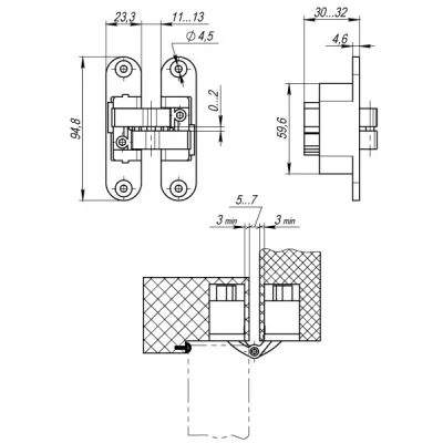 Петля скрытой установки U3D4200L SC левая (Architect 3D-ACH 40) мат. хром 40 кг