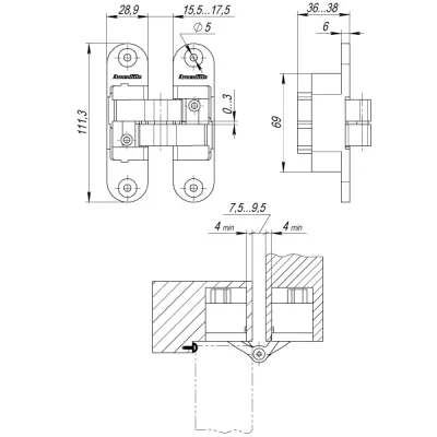 Петля скрытой установки U3D6200L AB левая (Architect 3D-ACH 60) бронза 60 кг